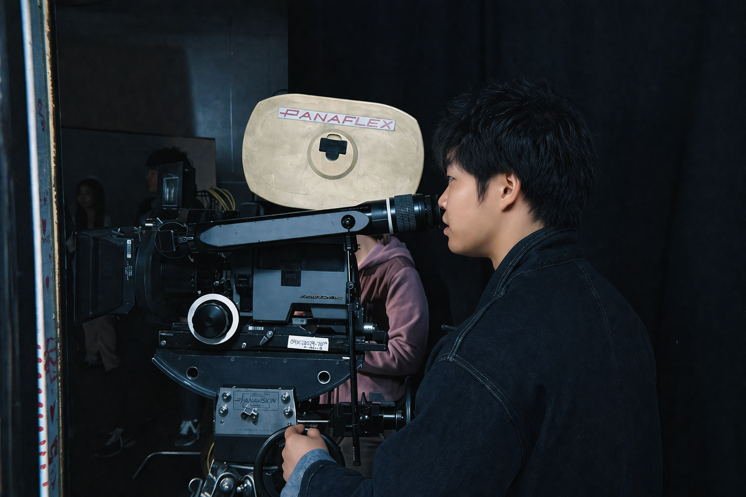 Jiaze Zou looking through a Panavision film camera.